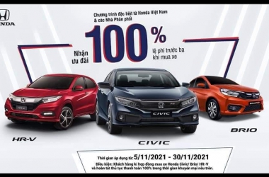 Giảm 100% Lệ Phí Trước Bạ cho Honda BriO, Honda HR-V và Honda Civic (05/11/2021 – 30/11/2021)